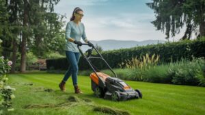 Femme tondant la pelouse avec scarificateur électrique, entourée d'arbres, fleurs et montagnes verdoyantes.